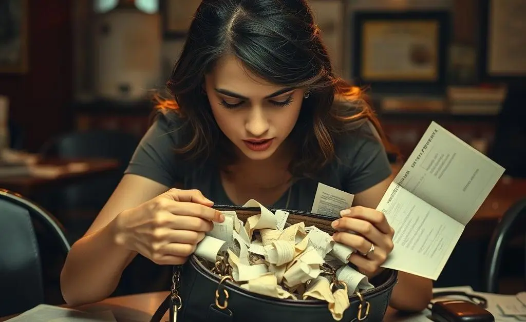 Mia frantically searching through a maze of receipts in her messy purse