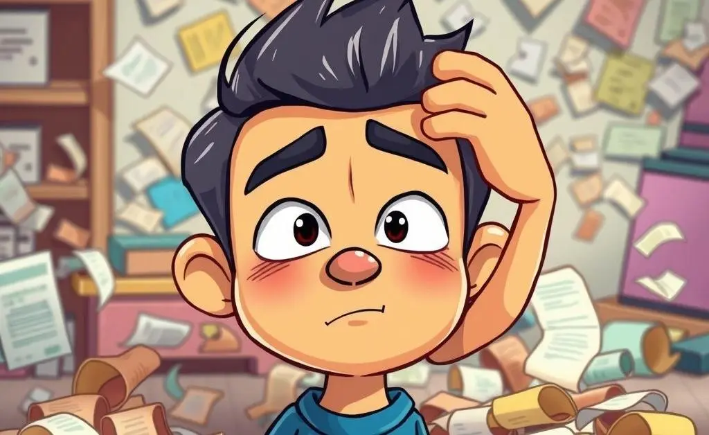 A cartoon character scratching their head, surrounded by receipts, trying to budget