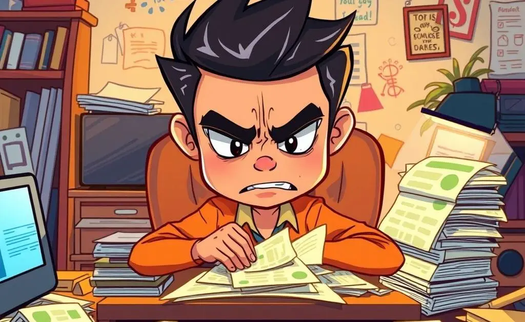 Character sitting at a desk, overwhelmed with bills piling up