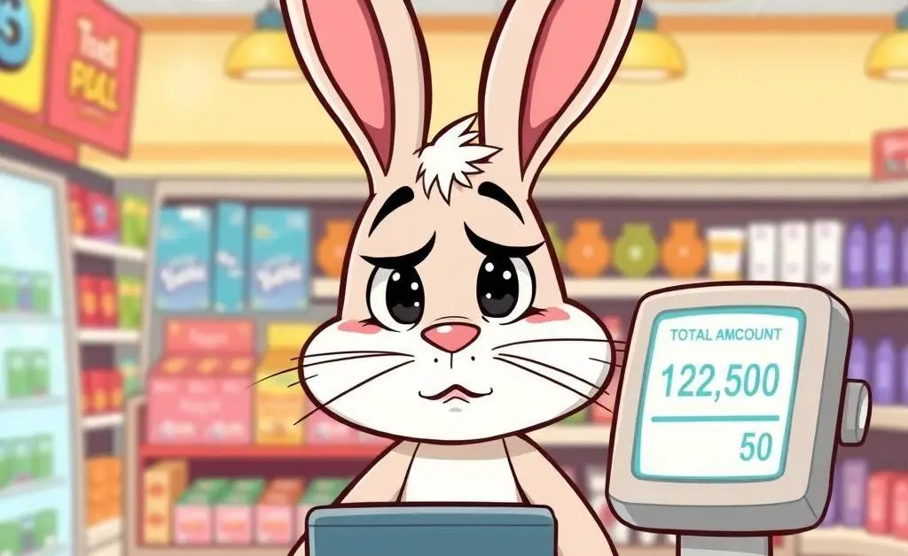 Cartoon bunny at the cashier, sweating under the total amount on the register