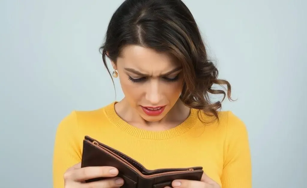 A woman exasperatedly staring at an empty wallet
