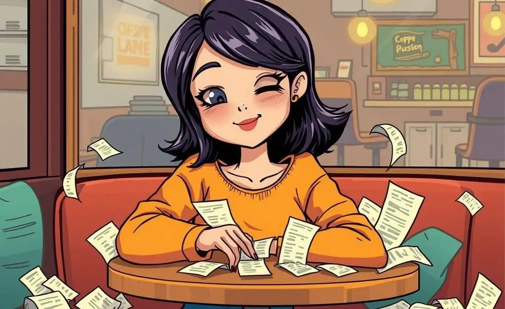 A woman sitting at a coffee shop, surrounded by receipts