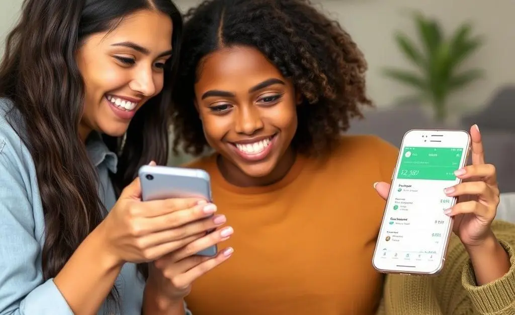 A friend showing Mia a budgeting app on a smartphone
