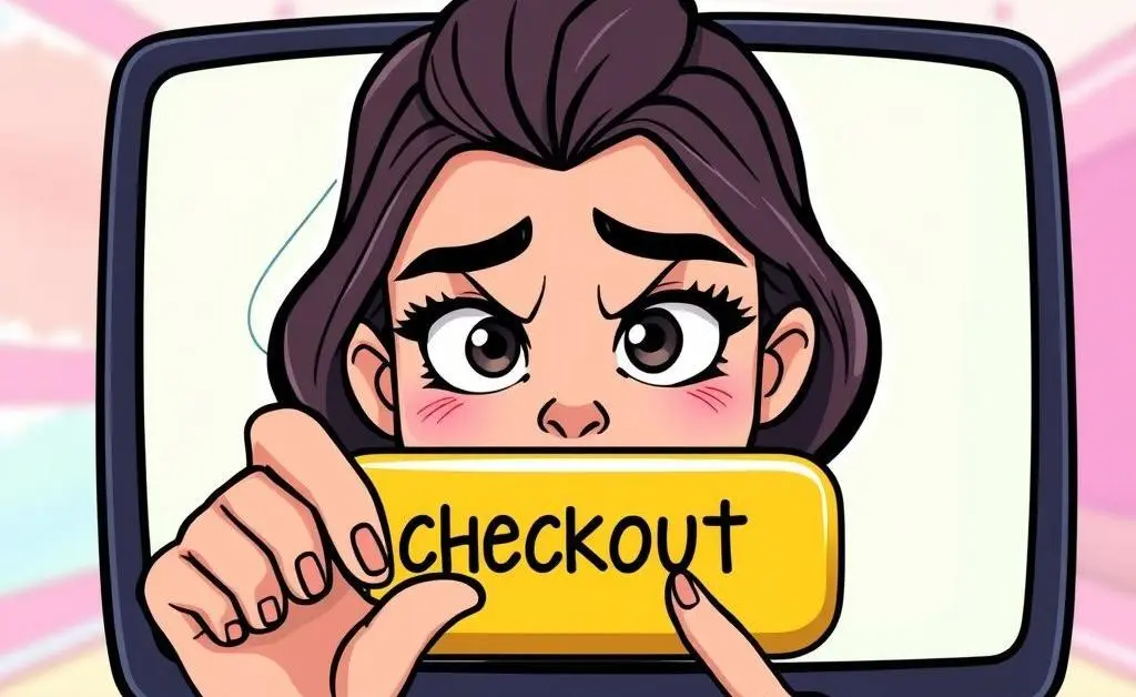 A cartoon woman hesitantly clicking the 'checkout' button with a worried expression.