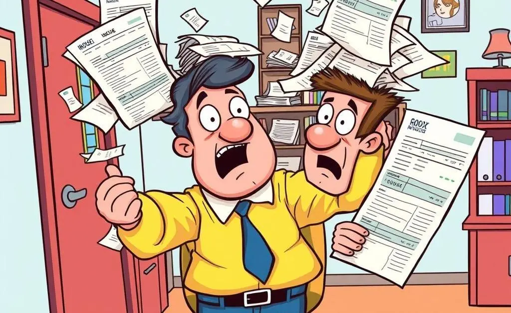 A landlord juggling inflated repair bills contrasting with tidy budget notebook
