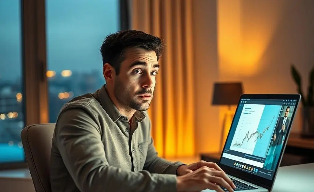 Alex watching a financial guru video on his laptop with bewildered expression.