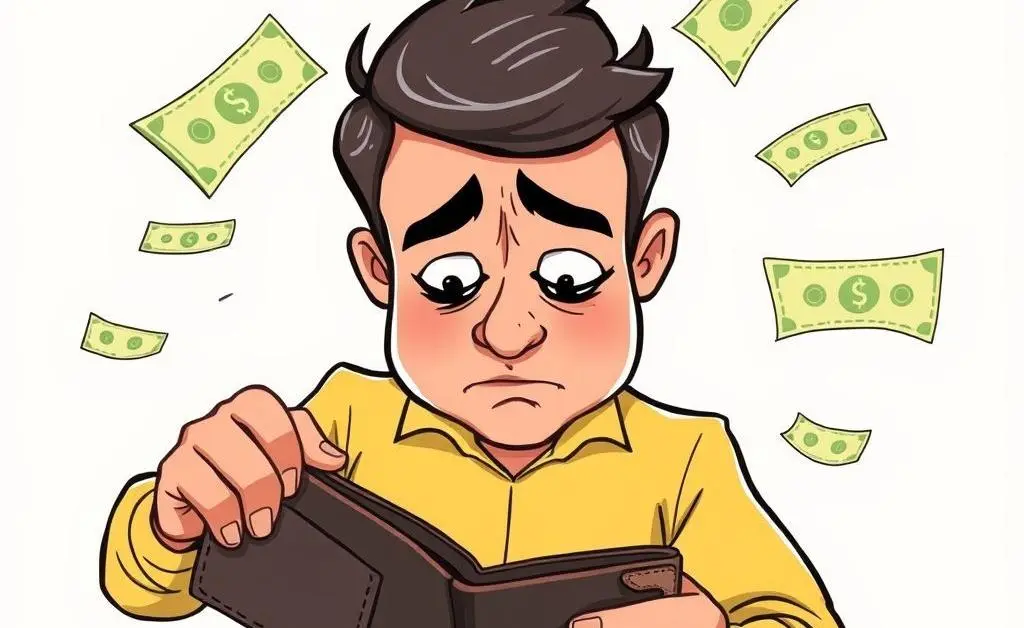 A cartoon man worriedly examining his empty wallet as bills hover around him