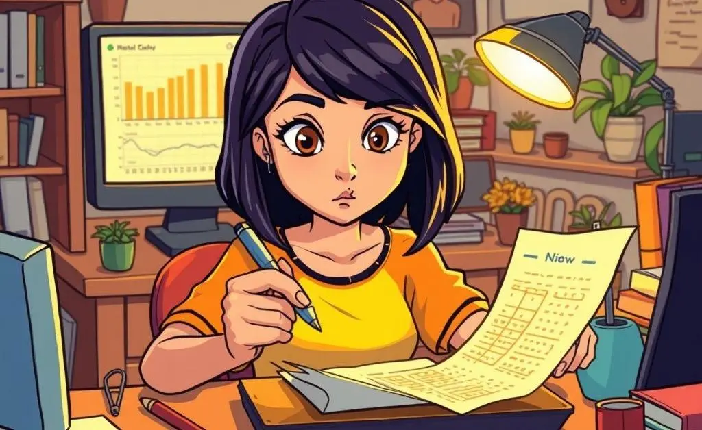 Mia calculating expenses with determination