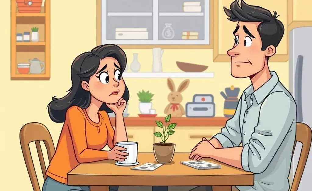 Cartoon woman and man discussing their financial troubles at a kitchen table