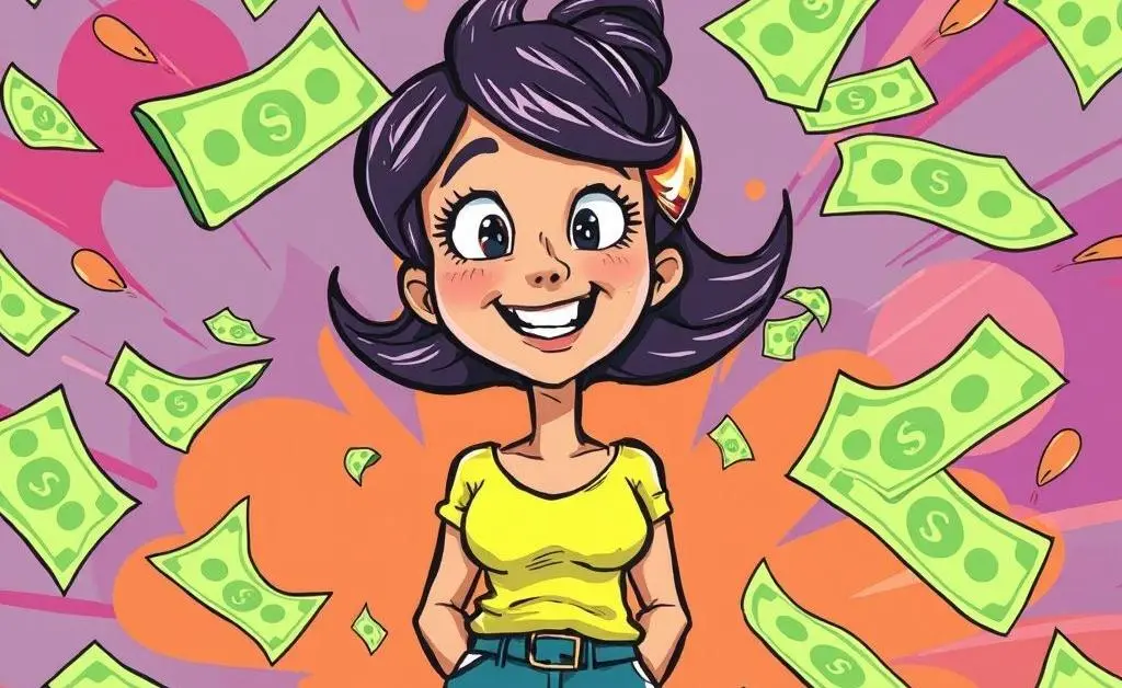 A cartoon scene showing the woman with imaginary dollar bills flying away from her.