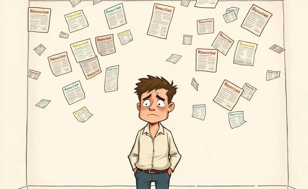 Cartoon of a man in an empty room with a dejected expression, faced with countless renovation quotes