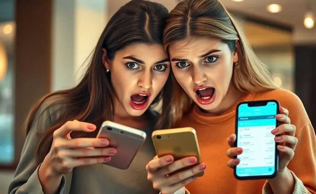 Two friends comparing their bank app screens with horrified expressions