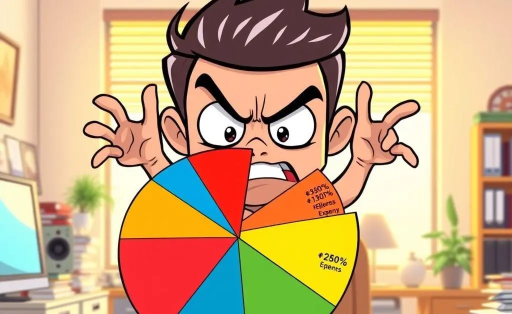 Cartoon character, Alex, frantically looking over a pie chart full of expenses