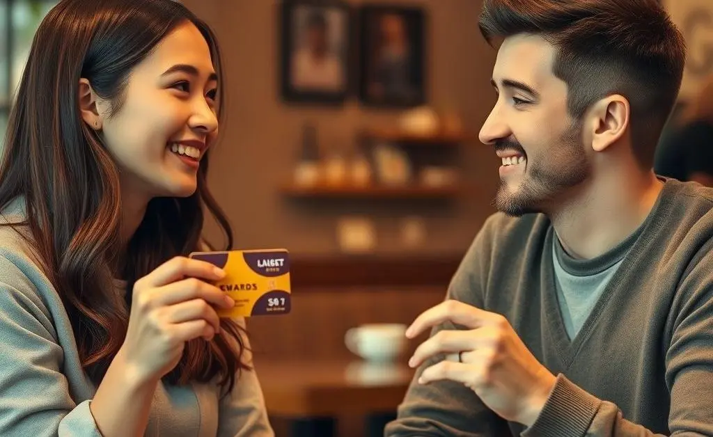 Mia chatting with a friend who holds up his own rewards card