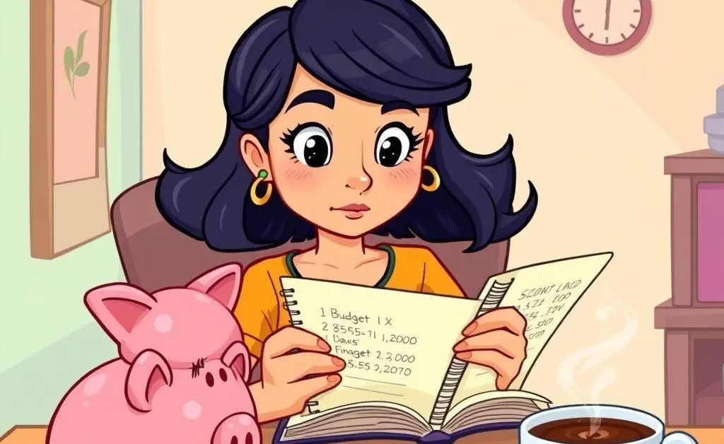 A woman making a budget plan with intense focus and a coffee