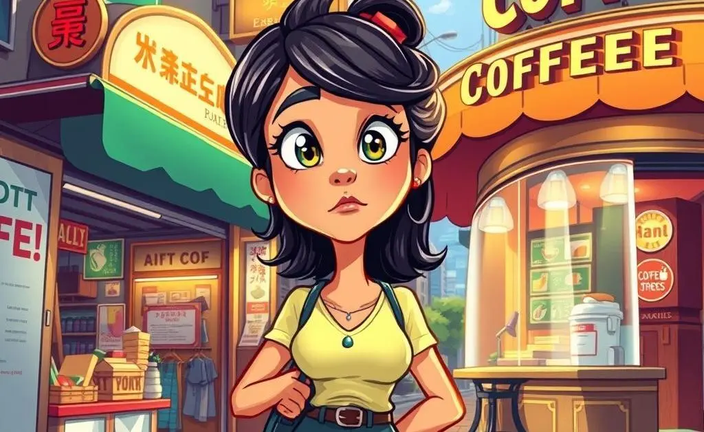A woman hesitates between necessities and a fancy coffee