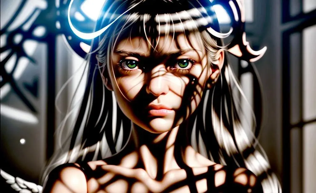 A close-up of Mia deep in thought with a mental battle between angel and devil versions of herself