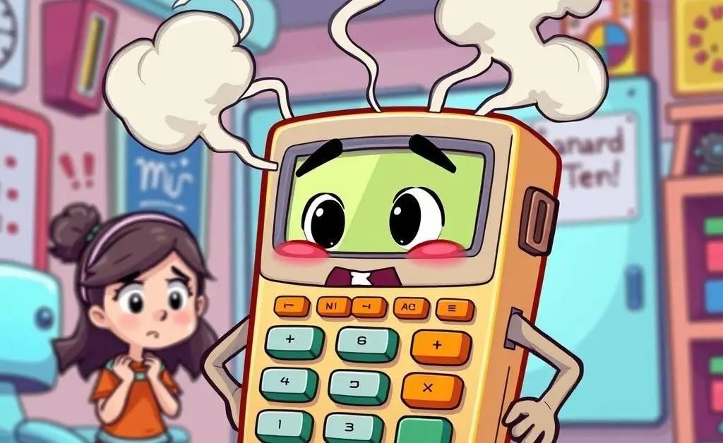 A cartoon depiction of a calculator with smoke coming out of it, Mia and Sam in the background looking worried