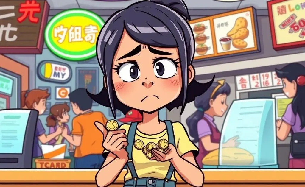 A cartoon of Mia at a fast-food counter, counting coins and looking stressed