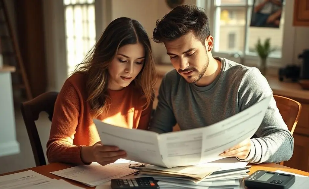 Mia and Jake sitting at a table, looking at bank statements