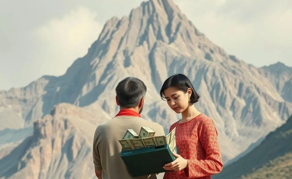 A couple staring at a mountain of bills with a giant calculator
