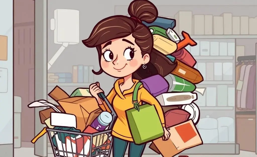 Cartoon woman returning a mountain of items to the store