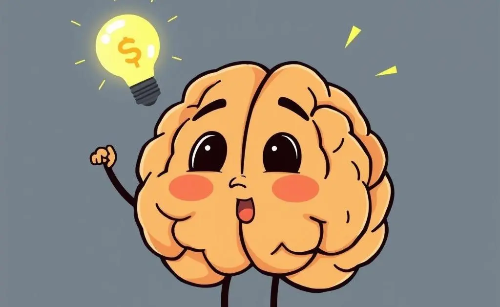 A cartoon brain lighting up with an idea to save money