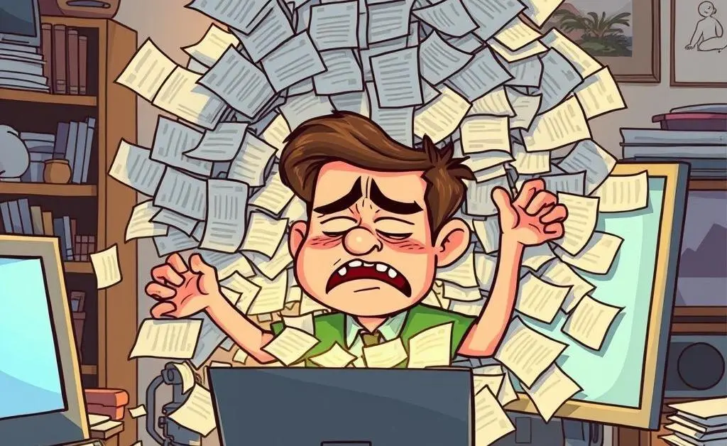 Cartoon character swamped by bills and payment reminders coming out of a computer screen.