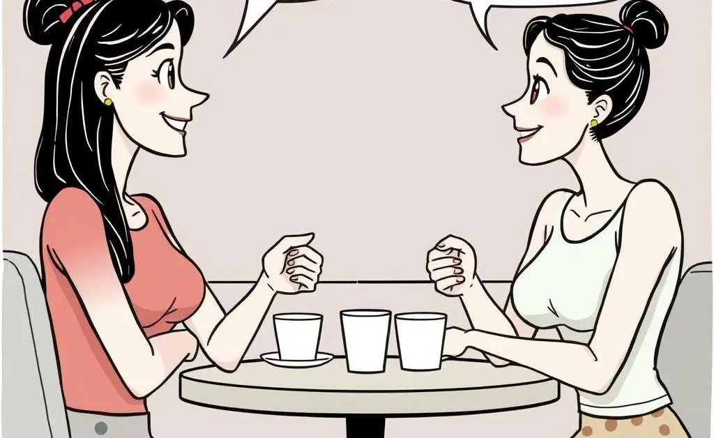 Mia discussing her spending with a friend over coffee, in a comical setting