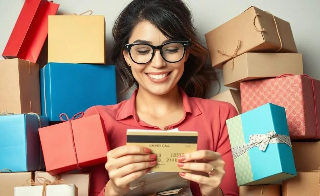 A woman surrounded by shopping boxes and an overflowing credit card bill