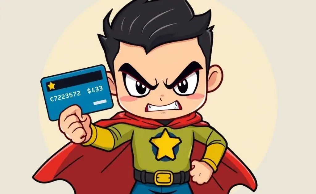 A cartoon character in a superhero cape holding a credit card menacingly as if to fight for a better budget