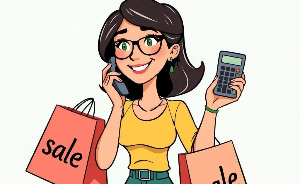 A woman juggling sale bags while on the phone with a friend