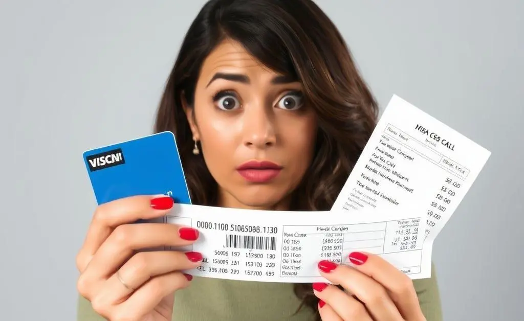 Mia looking perplexed at her credit card bill with small charges