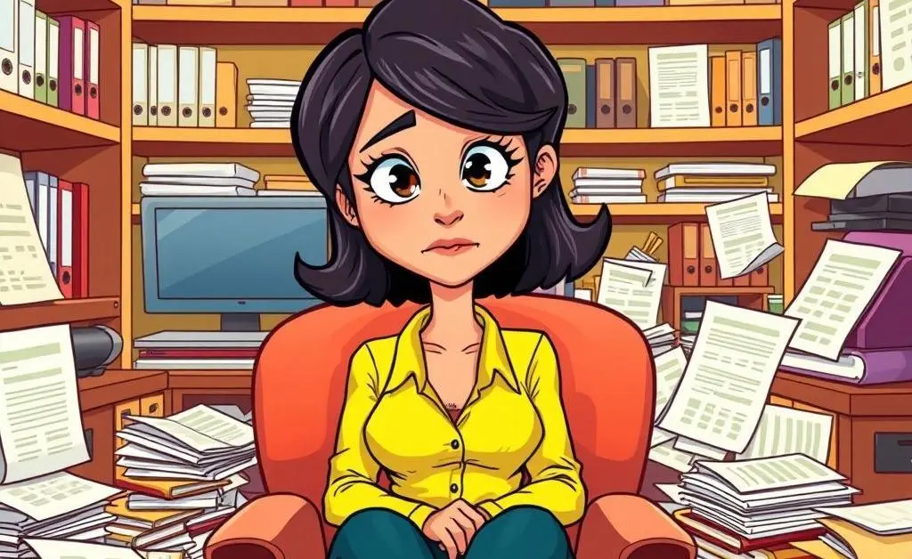 A woman sitting in a mortgage office with documents sprawled chaotically