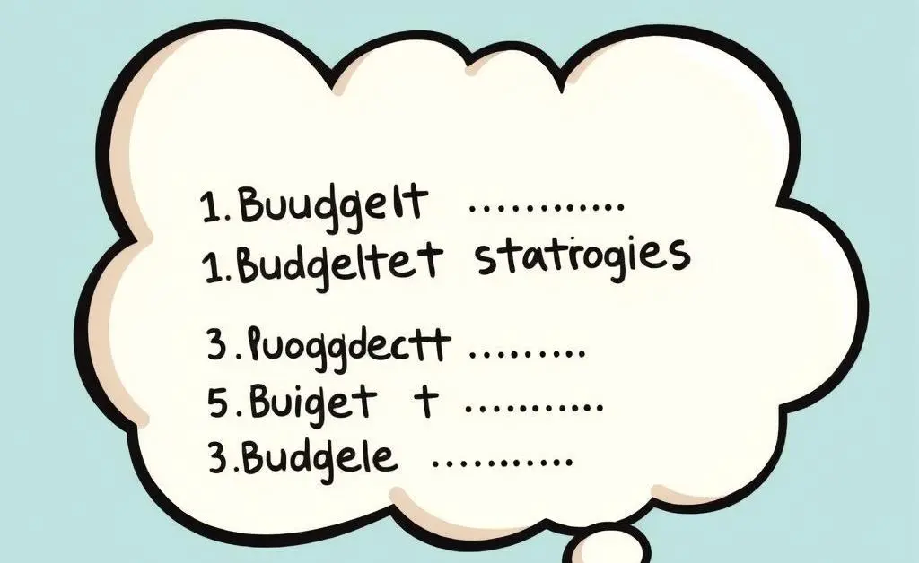 A cartoon thought bubble with lists of budget strategies