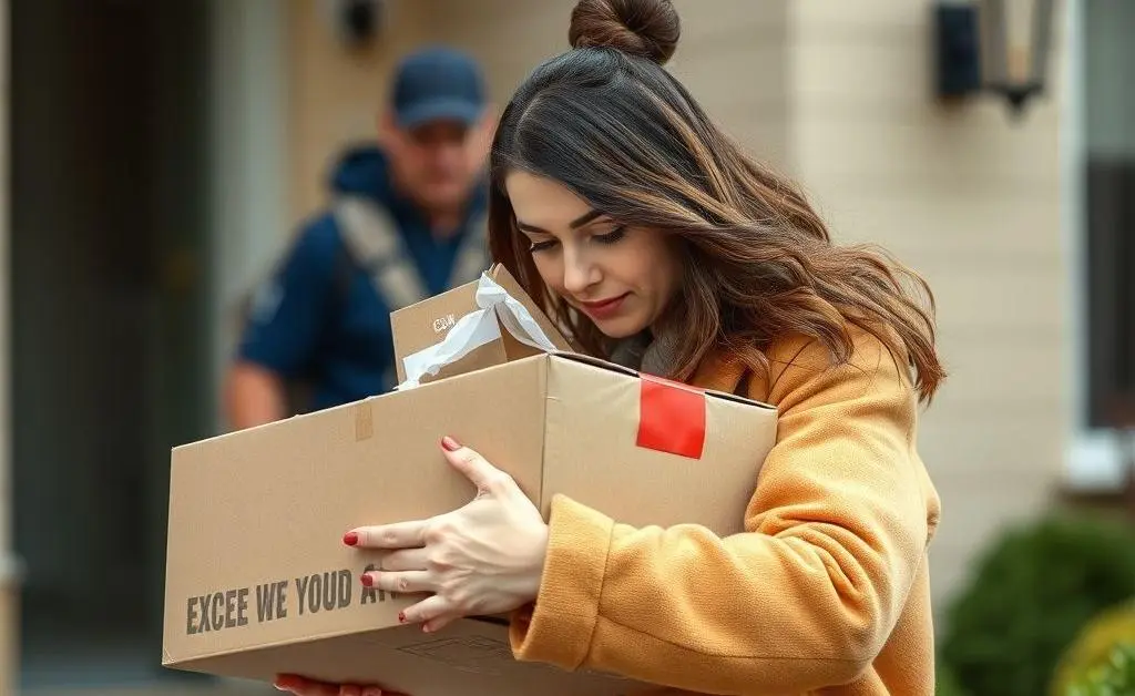A woman hiding excess packages from a delivery person