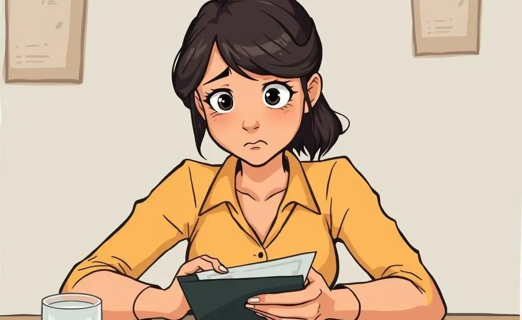 Mia sitting at a table, calculating expenses with a worried look