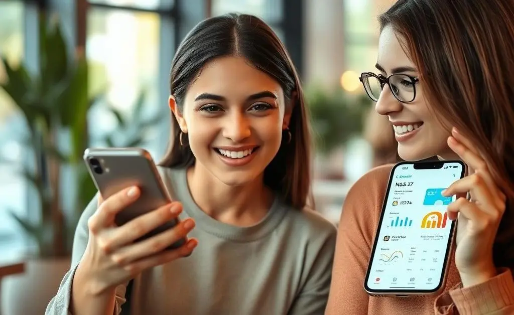 A friend showing a budgeting app on her phone to another woman who looks intrigued