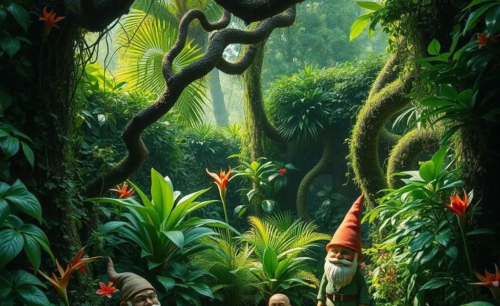 The backyard turns out to be a whimsical jungle, complete with overgrown plants and gnome statues peeking out from the vegetation.