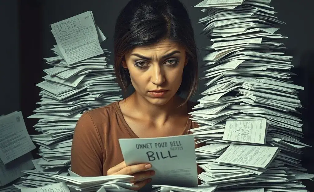 The woman staring at a mountain of unopened bills, some with frustrated scribbles on them.