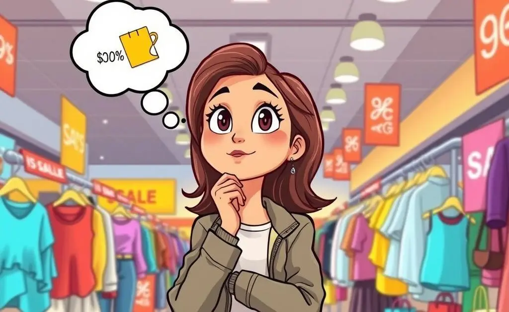 Woman contemplating in front of sale items, with thought bubble