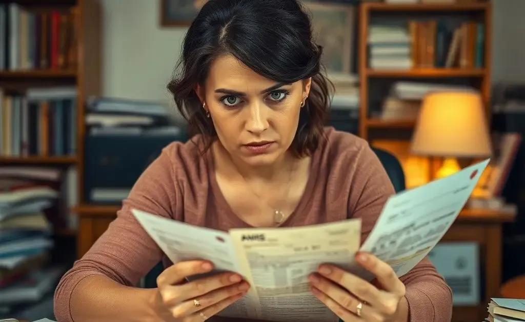 A woman sitting at a table covered in receipts, scrutinizing them with a puzzled expression