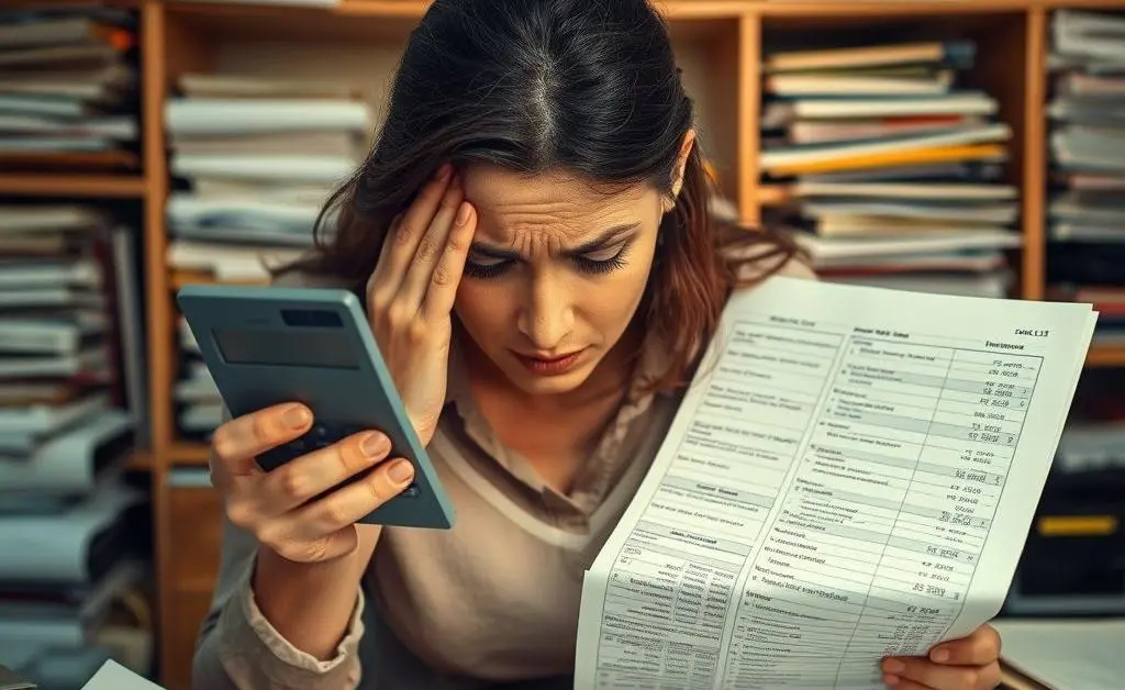 A woman holding a calculator, face-palming while looking at a long list of expenses