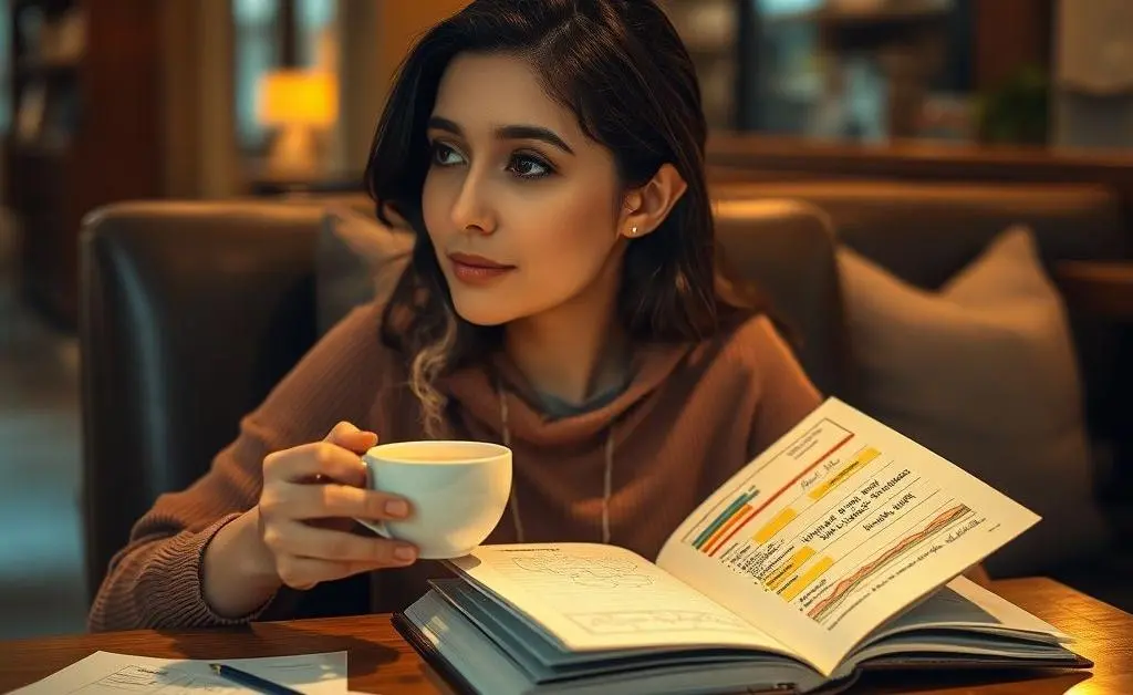 A reflective Mia sipping coffee, thinking through a new budget plan