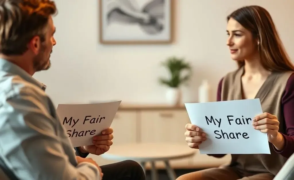 Both partners sitting down with a mediator, each holding a piece of paper titled 'My Fair Share'