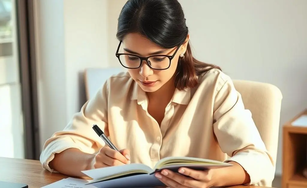 Mia writing a budget plan on a notepad with a determined look