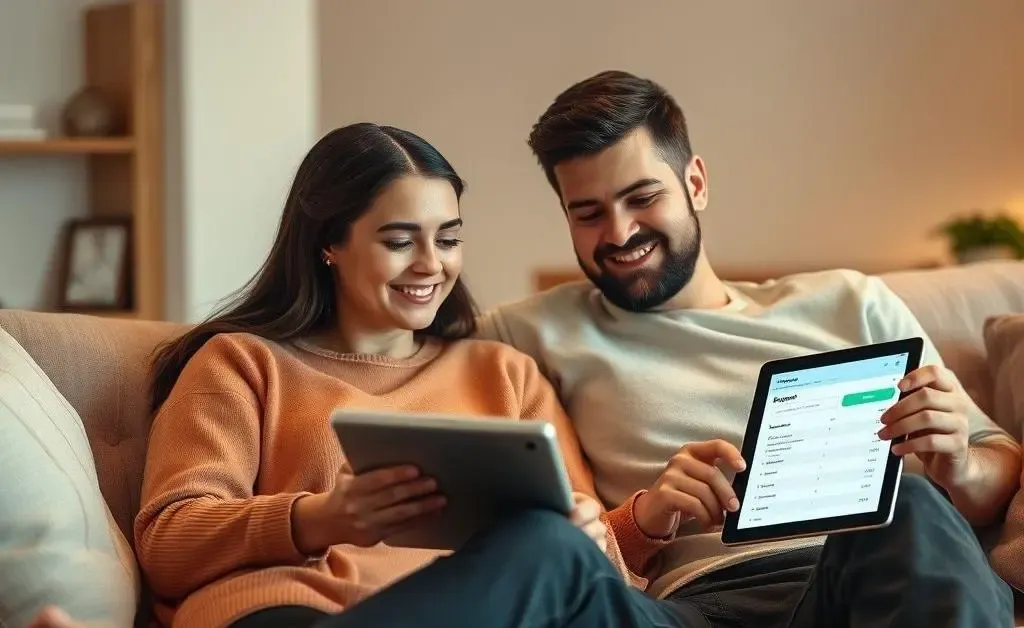 Same couple, calmer, sitting on a sofa with a budgeting app on a tablet