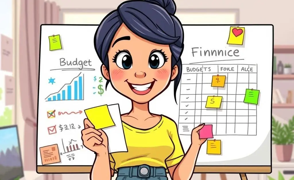 Mia smiling and checking her new budget plan on a whiteboard