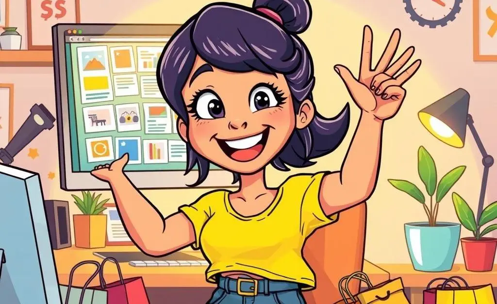 Mia triumphantly closing excessive shopping tabs on her computer