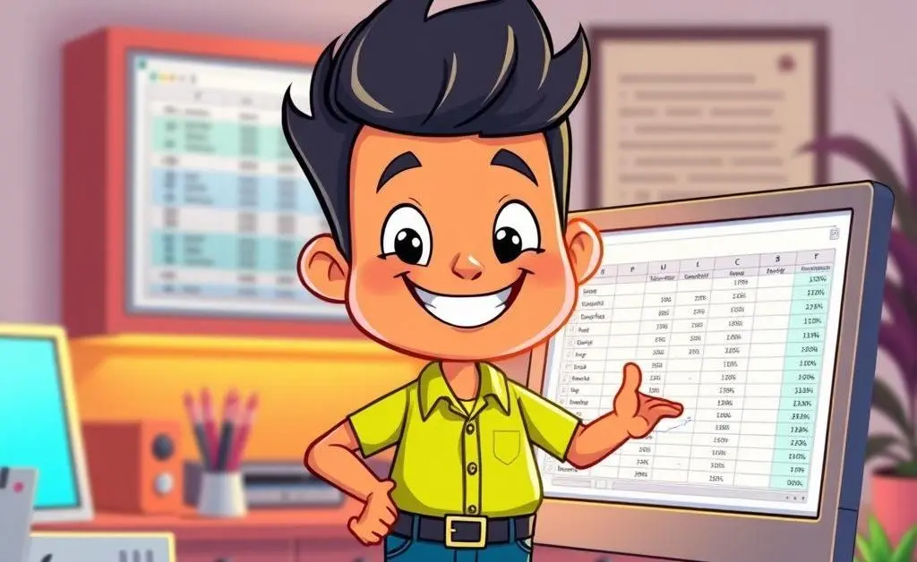 A cartoon character confidently updating a budget spreadsheet